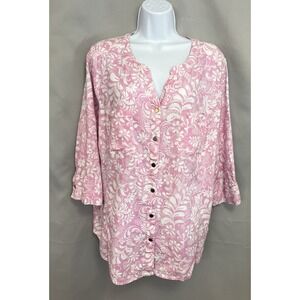 Coral Bay Womens Pink Floral Button Down 3/4 Sleeve Blouse Top Sz 2X